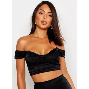 BOOHOO Black Off The Shoulder Drape Detail Crop Top